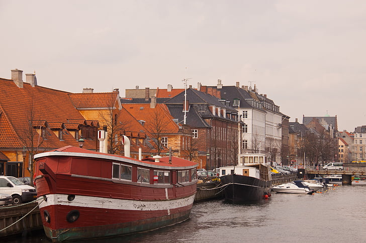 casa-barco, canal, Porto, Dinamarquês, Dinamarca, nórdicos, capital