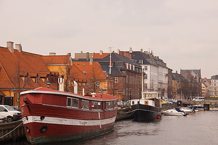ház-hajó, csatorna, kikötő, dán, Dánia, Nordic, tőke