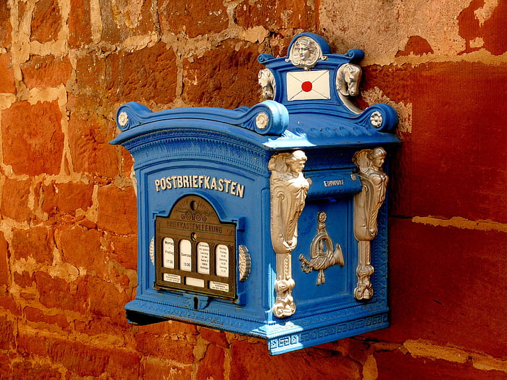 蓝色, postbriefkasten, 墙上, 邮箱, 信, 框, 铁匠