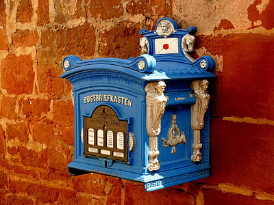 azul, postbriefkasten, parede, caixa de correio, carta, caixas, ferraria