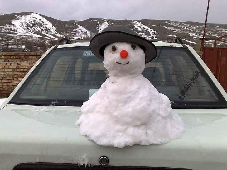Snow man, berg, dorp, sneeuw, winter, auto