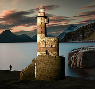 Lighthouse, kvällen, solnedgång, Afterglow, havet, kusten, siluett