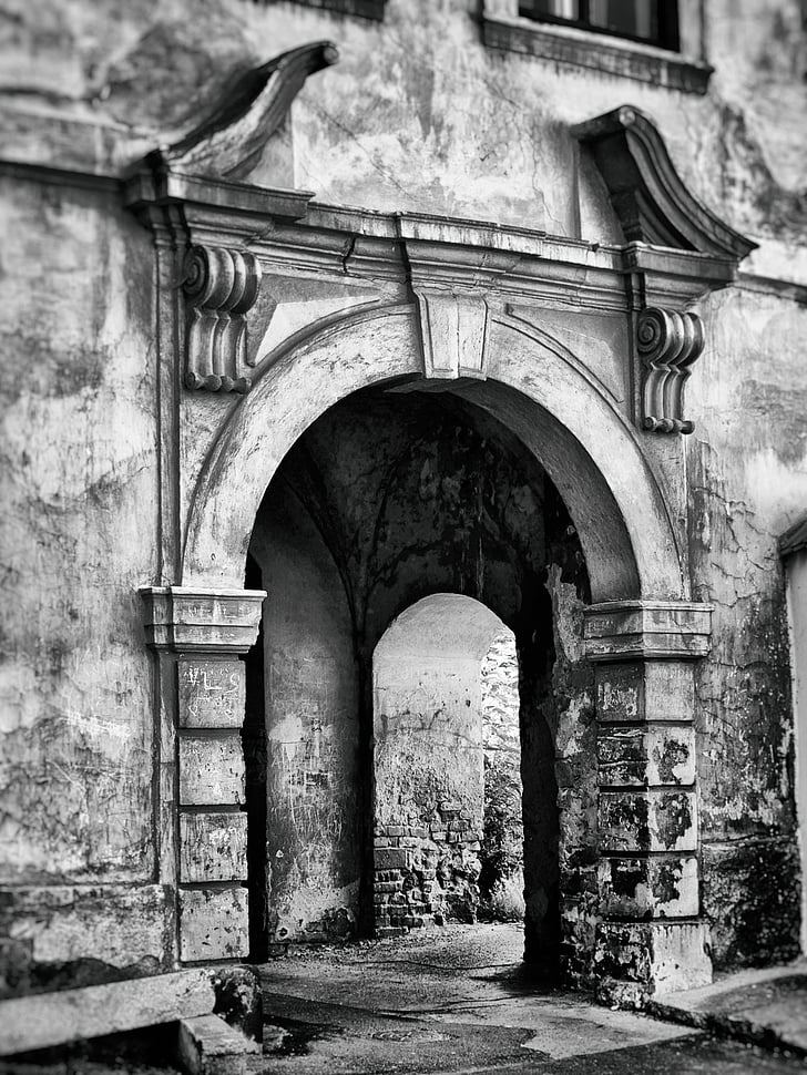 abandoned, ancient, antique, arch, architecture, background, black and-white
