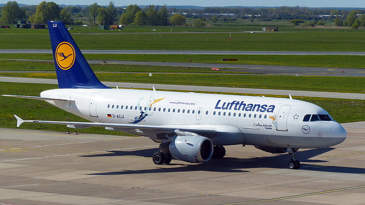 orlaivių, iškrovimo, oro uostas, Lufthansa, skristi, kelionės, žemė