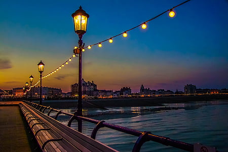 Brighton pier, noční, oceán, Architektura, Panoráma města, známé místo, Západ slunce