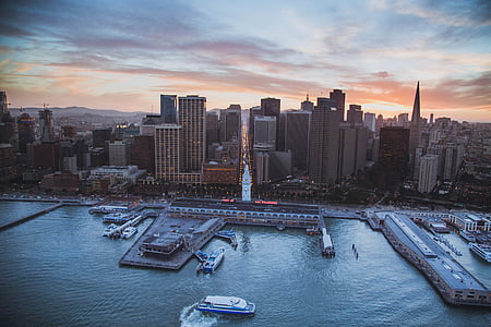 aerial, view, city, sunrise, building, bay, skyscrapers