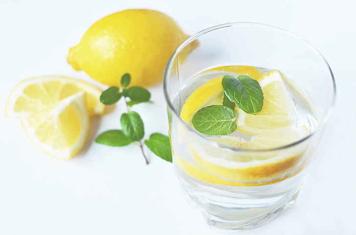 closeup, photo, sliced, lemon, beside, drinking, glass