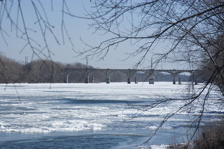 Delaware folyó, fagyasztott river, téli, híd, fagyasztott, jég, táj