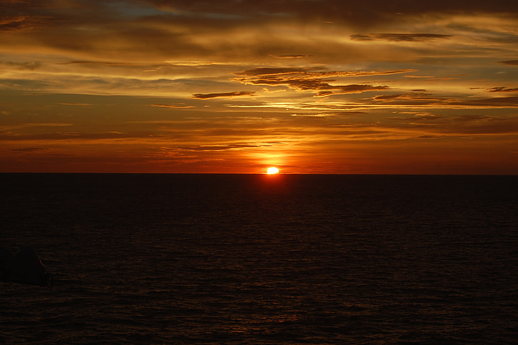 posta de sol, horitzó, oceà, vaixell, cel, vacances, sol
