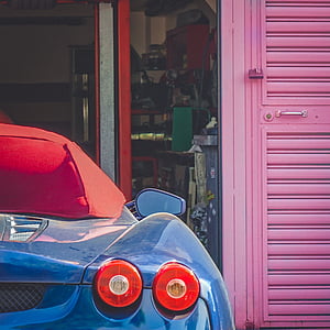 Ferrari, blau, garatge, indústria, cotxe esportiu, vermell, cotxe