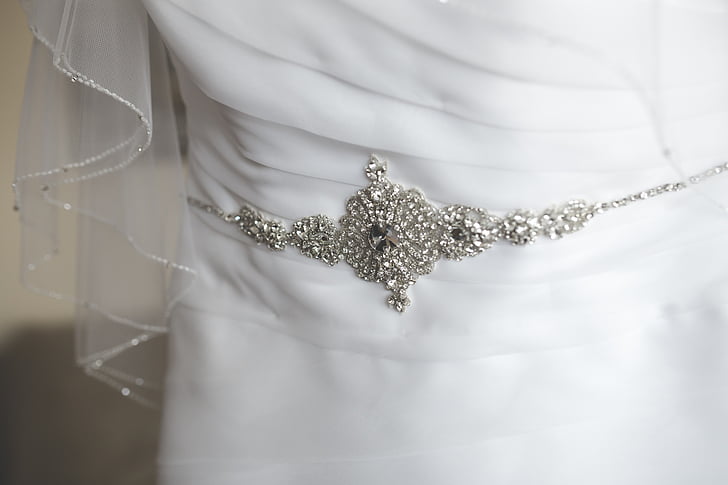 kjole, bryllup, dekoration, detaljer, hvid, sølv, lukke