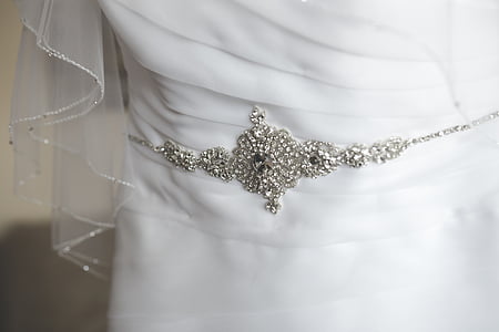 dress, wedding, decoration, details, white, silver, close up