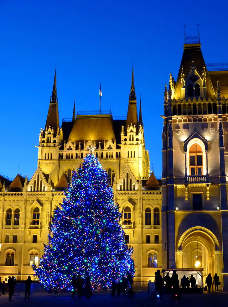 Budapest, Ungarn, parlamentet, ungarske parlamentsbygningen, blå time s, lys, på kvelden