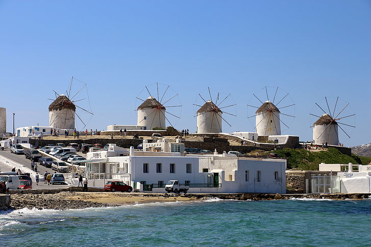 Μύκονος, Ελλάδα, ανεμόμυλοι, στη θάλασσα, Ελληνικό νησί, λευκό, Αιγαίο Πέλαγος