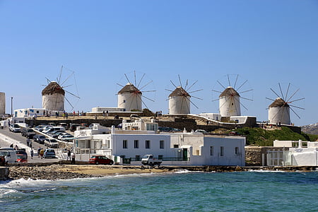 Mykonos, Griekenland, windmolens, zee, Griekse eiland, wit, Egeïsche zee