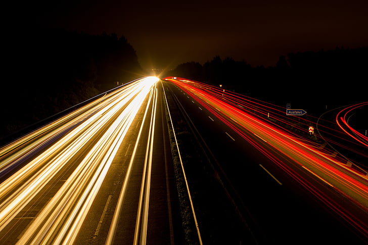 motorvei, natt fotografi, lys, natt, belysning, mørk, mørke
