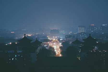 letecký, Fotografie, město, noční, tmavý, večer, budovy