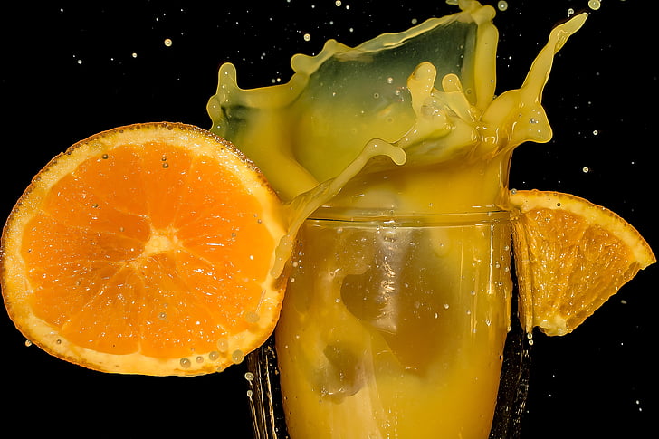 succo d'arancia, fetta d'arancia, parti dell'arancio, doppia parete di vetro, spruzzo, goccia a goccia, frutta