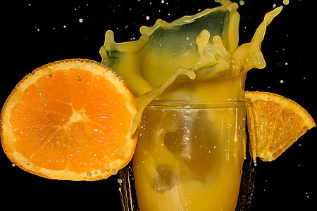 jugo de naranja, rodaja de naranja, trozos de naranja, vidrio de doble pared, aerosol, por goteo, fruta