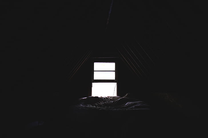 Podkrovní, dům, Fotografie, postel, temné světlo, tmavý, uvnitř