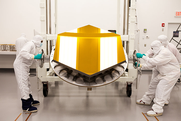space telescope, telescope, mirror, scientists, gold, inspection, space