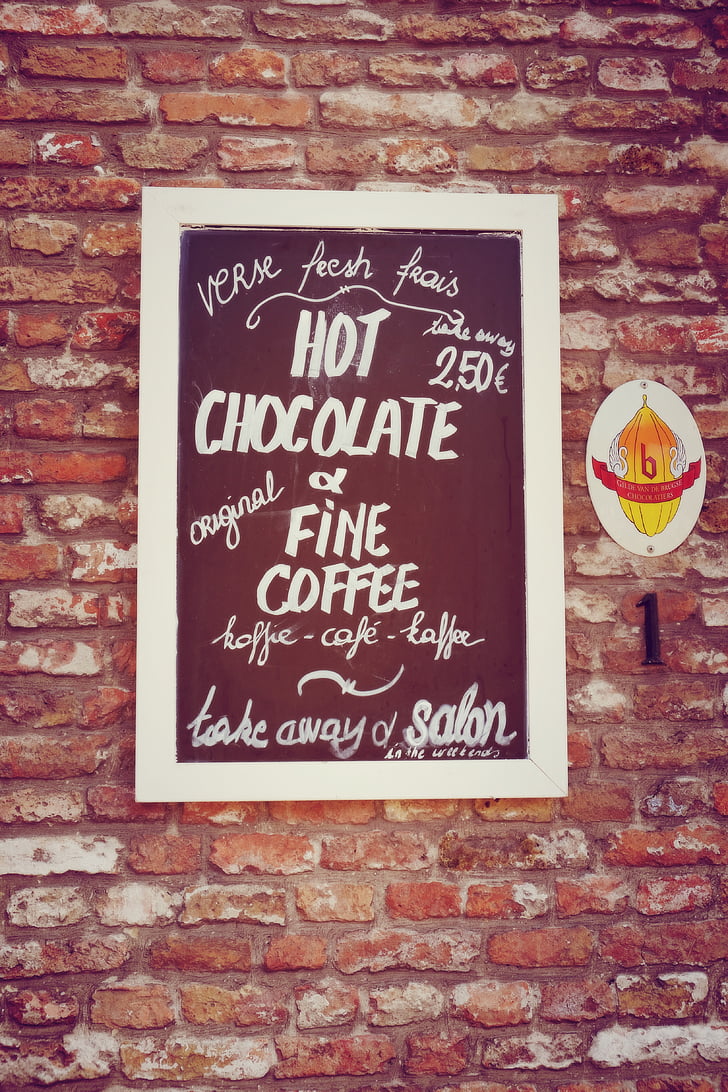 skiltning, chokolade, tegn, menu, kaffe, Kaffebar/Café, Brugge