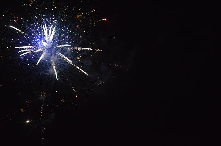 new year, fireworks, blue, black, white, orange, lights