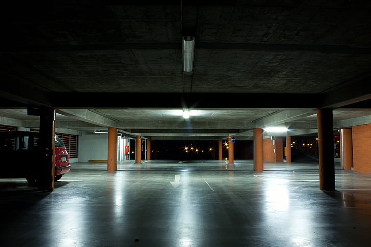 garaż, noc, światło, Miasto, parking, Underground