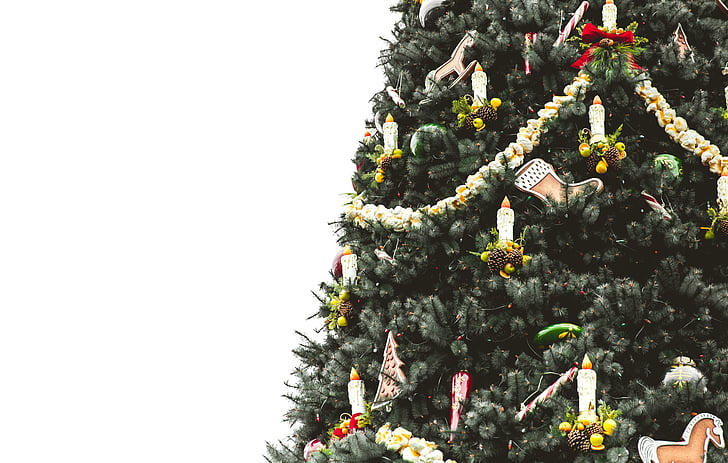 zaļa, salapojuši, Ziemassvētki, koks, svece, gaisma, dekori
