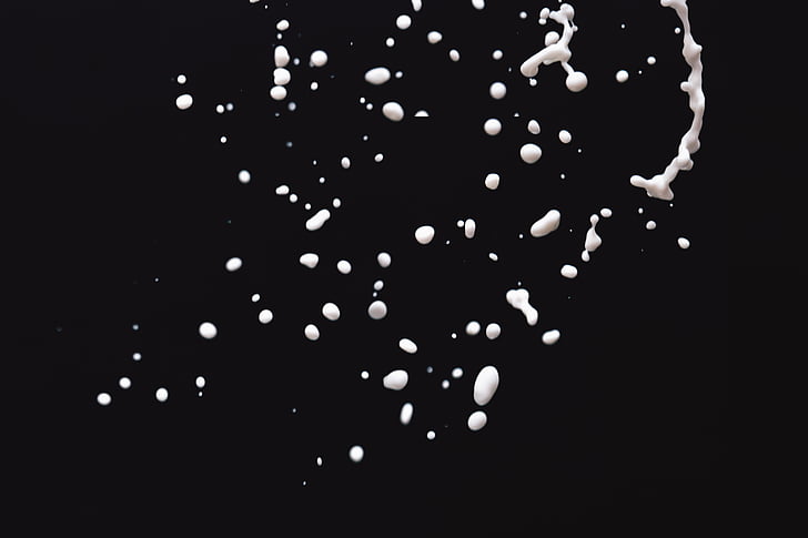 milk, splatter, black, background, drops, drink, black and white