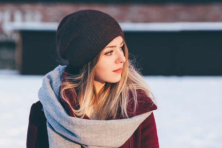 woman, nose, piercing, wearing, knit, cap, winter