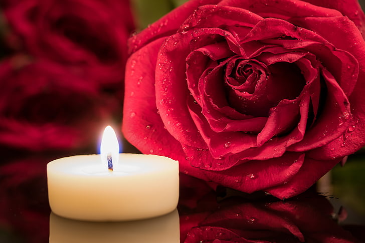 свещ, червена роза, свещи, Роза, капка вода, носталгия, светлина