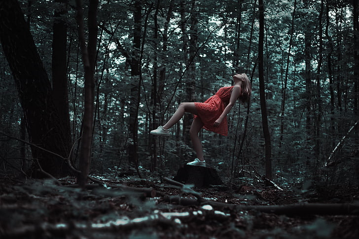 levitation, girl, red dress, forest, magic, outdoors, yoga
