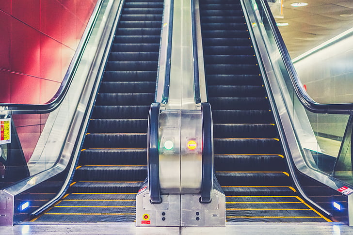 two, black, escalators, escalator, subway, station, metro