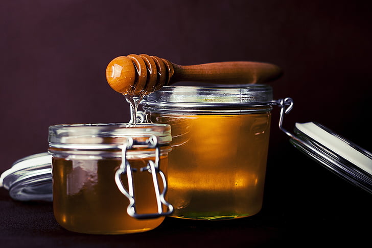 two, clear, glass, jars, honey, dipper, nature