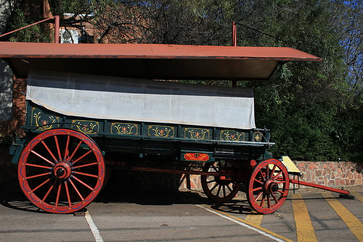 wagon de boeuf, wagon, Ox, bois, vert, peint, couverture
