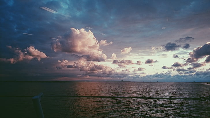 posta de sol, Mar, núvols, vaixell, porpra, violeta, Mar del nord