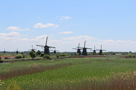 holland, mill, kinderdijk, netherlands, dutch, landscape, agriculture