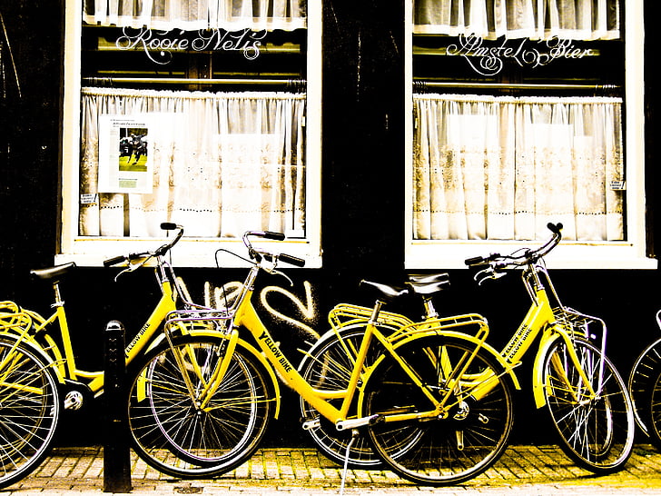 bicicletes, groc, Amsterdam, cafeteria, carrer, bicicletes, Països Baixos