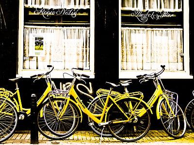 vélos, jaune, Amsterdam, café, rue, vélo, Pays-Bas