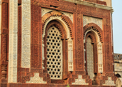 Delhi, Moschee, großen mughal, Fassaden, Skulpturen, Sandstein, Qutb minar
