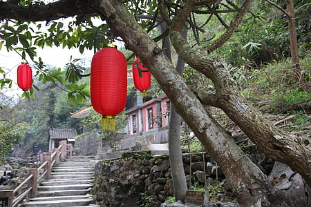 lanterna vermelha, árvore, escada, xinxing, poço de budismo tibetano, Templo de, lanterna
