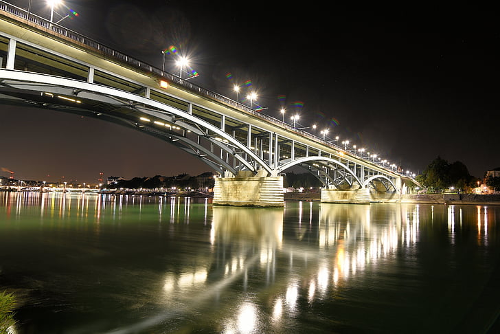 Rhen, Bridge, Basel, arkitektur, floden, natt, bro - mannen gjort struktur