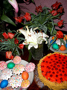 easter, cake, tulips, still life, food, sweets, raspberry