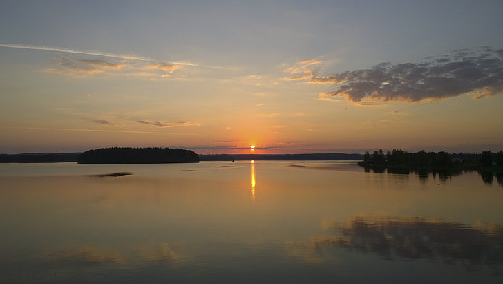 Saulėlydis, vasaros, Suomija, vakare, ežeras