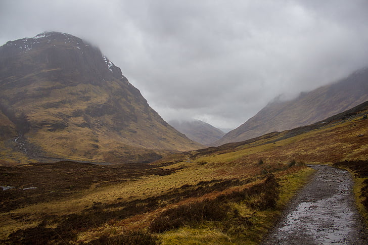 Scozia, escursionismo, ventoso, nebbia, nuvole, pioggia, Glencoe