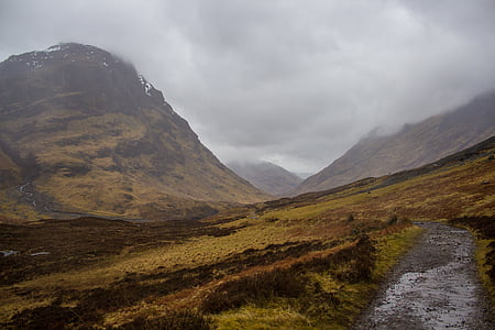 Skottland, vandring, blåsigt, dimma, moln, regn, Glencoe