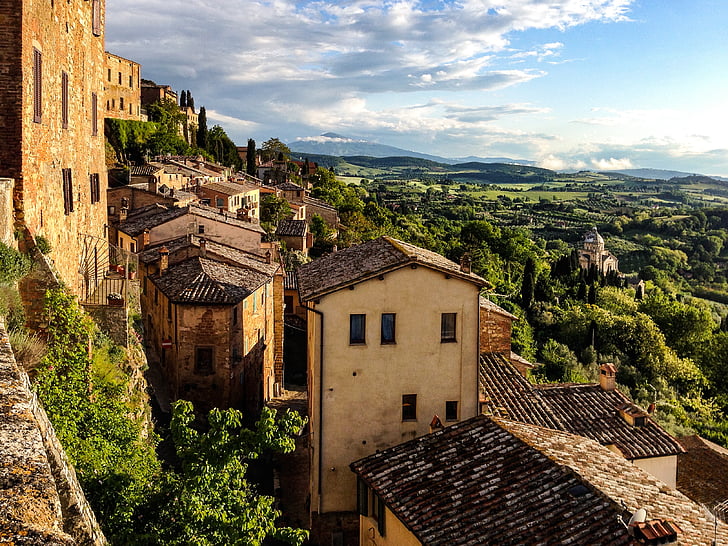 Montepulciano, Toscana, Olaszország, város, táj, építészet, épület