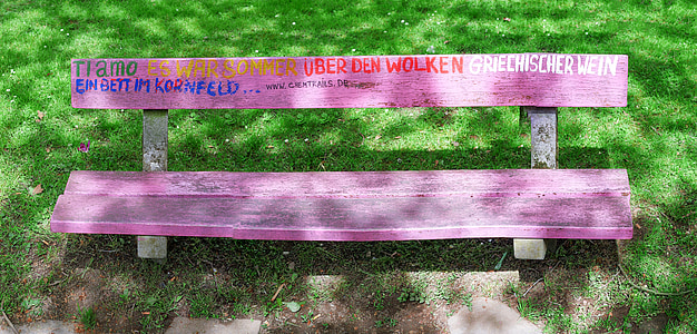 bank, bench, park, graffiti, pink, german, bat