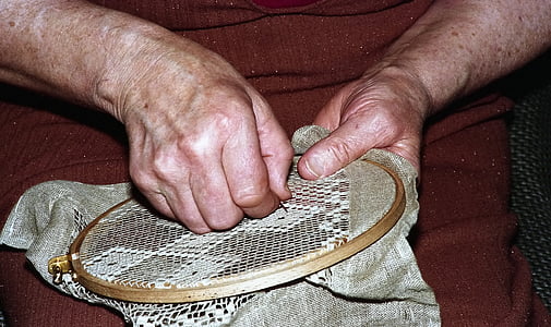 おばあちゃん, 女性, クラフト, 針, 古い, 穴, 手